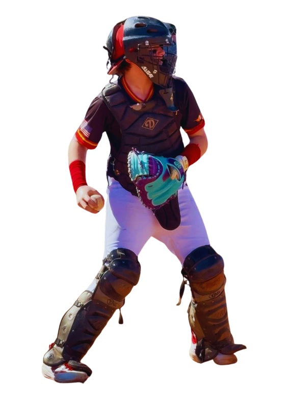 Person wearing a catcher's uniform with protective gear on a white background